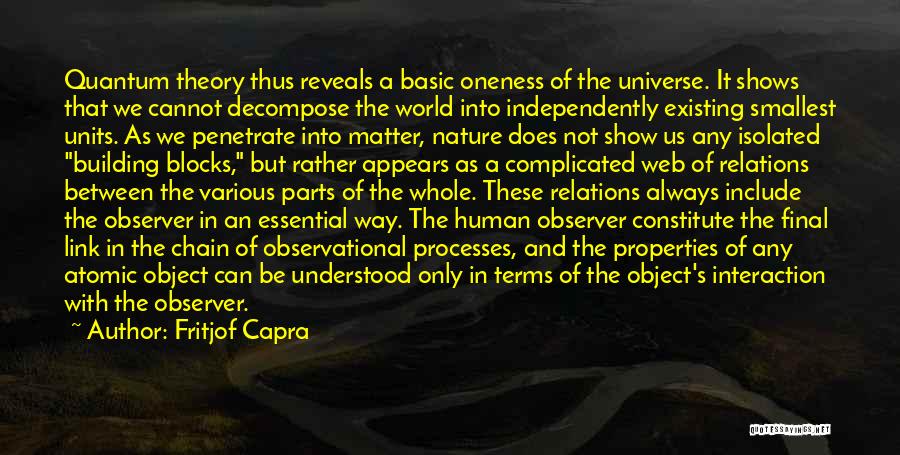 Fritjof Capra Quotes: Quantum Theory Thus Reveals A Basic Oneness Of The Universe. It Shows That We Cannot Decompose The World Into Independently