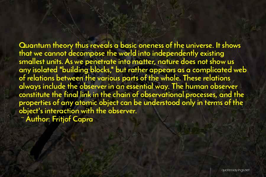 Fritjof Capra Quotes: Quantum Theory Thus Reveals A Basic Oneness Of The Universe. It Shows That We Cannot Decompose The World Into Independently