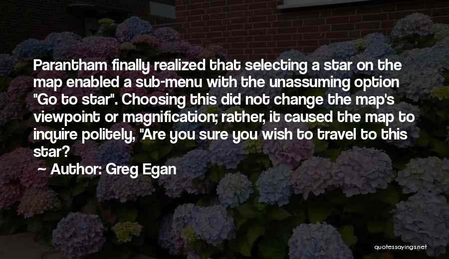 Greg Egan Quotes: Parantham Finally Realized That Selecting A Star On The Map Enabled A Sub-menu With The Unassuming Option Go To Star.