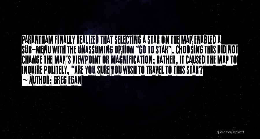 Greg Egan Quotes: Parantham Finally Realized That Selecting A Star On The Map Enabled A Sub-menu With The Unassuming Option Go To Star.