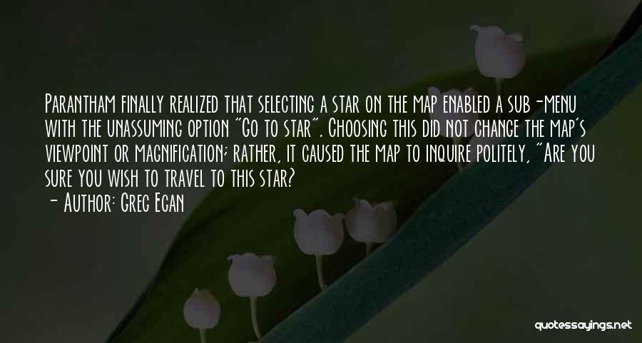 Greg Egan Quotes: Parantham Finally Realized That Selecting A Star On The Map Enabled A Sub-menu With The Unassuming Option Go To Star.