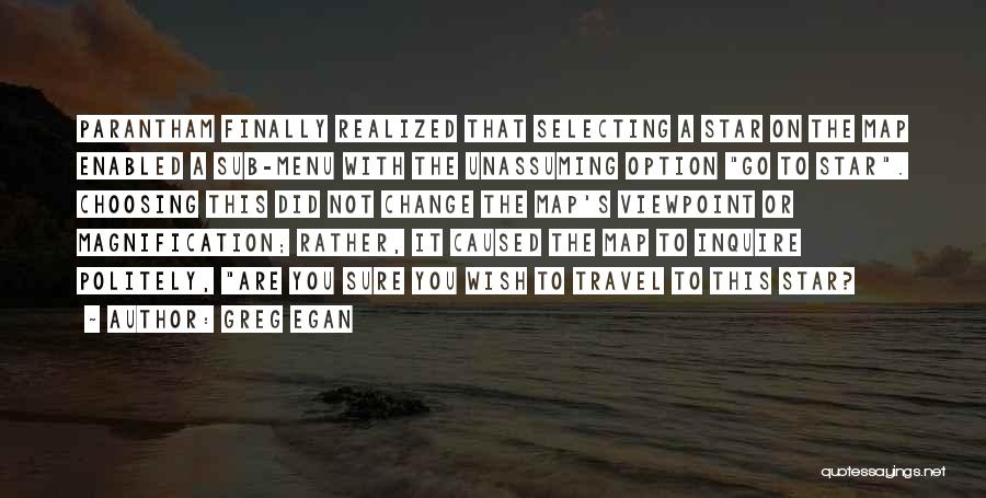 Greg Egan Quotes: Parantham Finally Realized That Selecting A Star On The Map Enabled A Sub-menu With The Unassuming Option Go To Star.