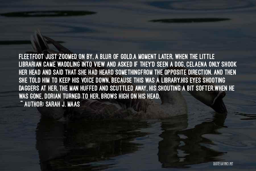 Sarah J. Maas Quotes: Fleetfoot Just Zoomed On By, A Blur Of Gold.a Moment Later, When The Little Librarian Came Waddling Into View And