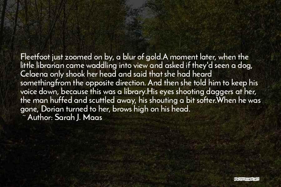 Sarah J. Maas Quotes: Fleetfoot Just Zoomed On By, A Blur Of Gold.a Moment Later, When The Little Librarian Came Waddling Into View And