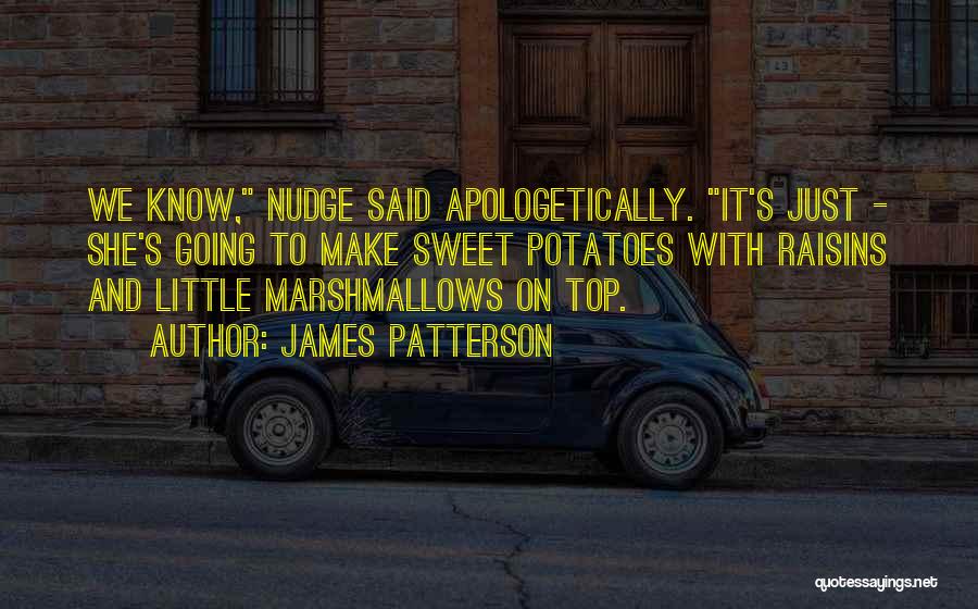 James Patterson Quotes: We Know, Nudge Said Apologetically. It's Just - She's Going To Make Sweet Potatoes With Raisins And Little Marshmallows On