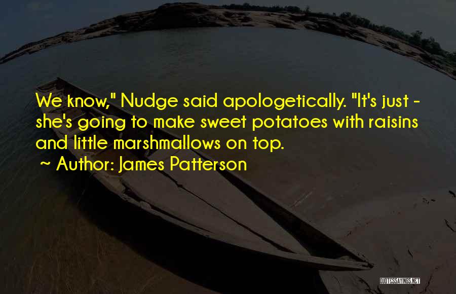 James Patterson Quotes: We Know, Nudge Said Apologetically. It's Just - She's Going To Make Sweet Potatoes With Raisins And Little Marshmallows On