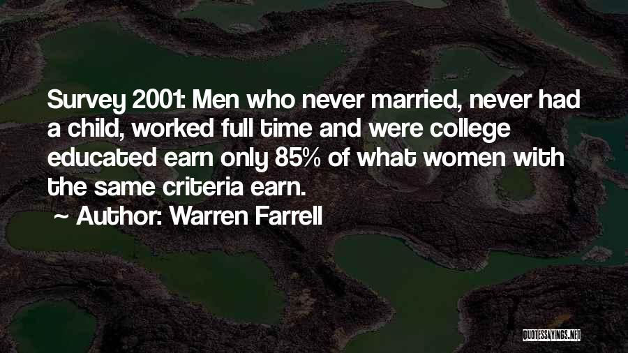 Warren Farrell Quotes: Survey 2001: Men Who Never Married, Never Had A Child, Worked Full Time And Were College Educated Earn Only 85%