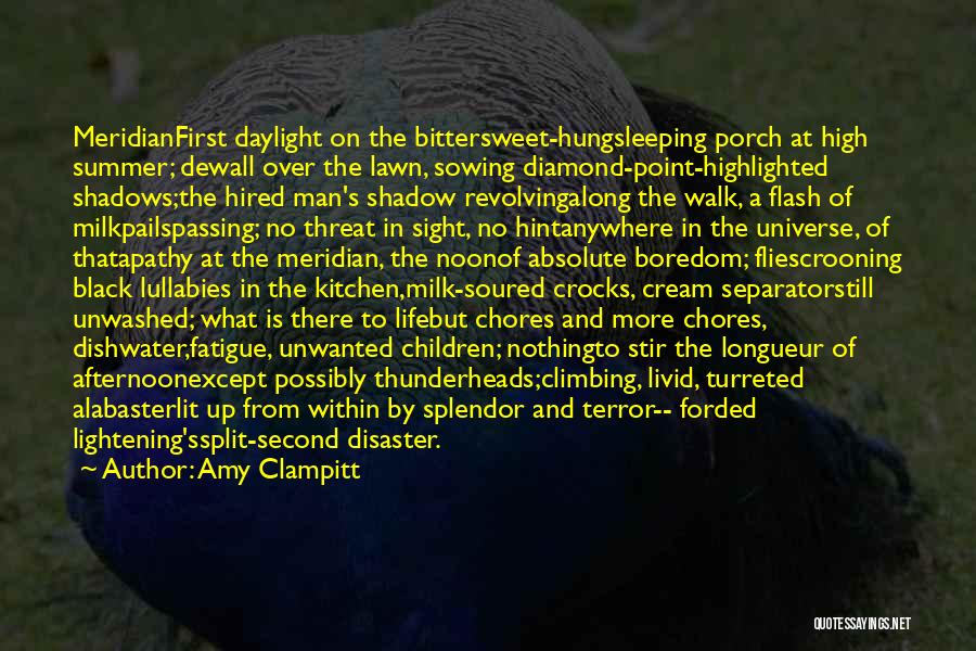 Amy Clampitt Quotes: Meridianfirst Daylight On The Bittersweet-hungsleeping Porch At High Summer; Dewall Over The Lawn, Sowing Diamond-point-highlighted Shadows;the Hired Man's Shadow Revolvingalong