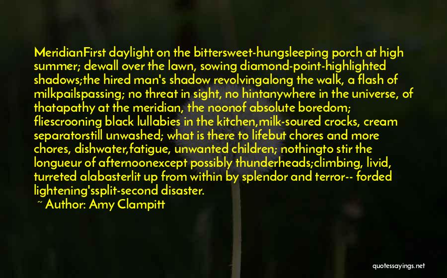 Amy Clampitt Quotes: Meridianfirst Daylight On The Bittersweet-hungsleeping Porch At High Summer; Dewall Over The Lawn, Sowing Diamond-point-highlighted Shadows;the Hired Man's Shadow Revolvingalong