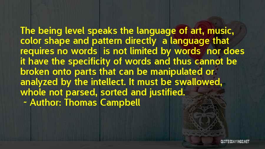 Thomas Campbell Quotes: The Being Level Speaks The Language Of Art, Music, Color Shape And Pattern Directly A Language That Requires No Words