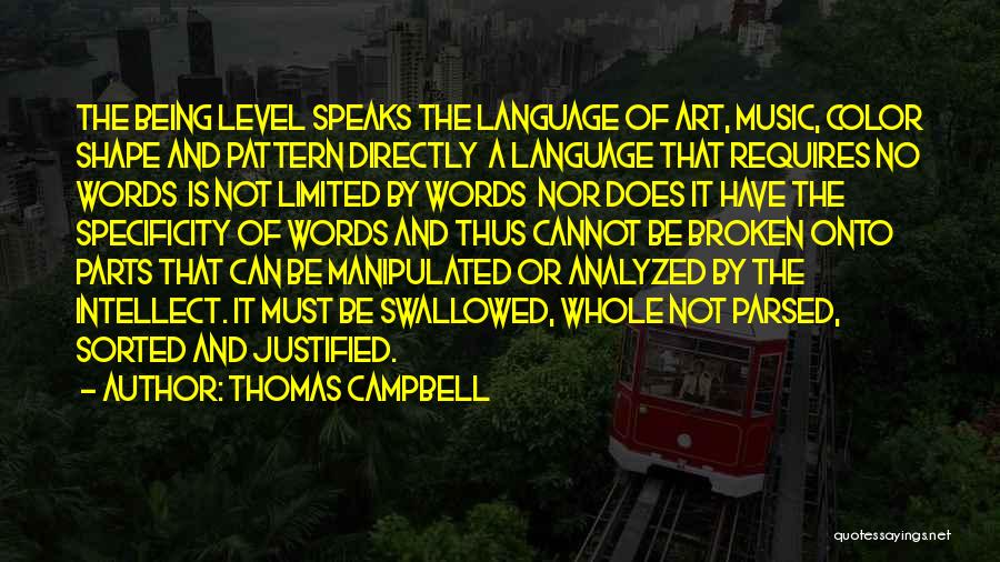 Thomas Campbell Quotes: The Being Level Speaks The Language Of Art, Music, Color Shape And Pattern Directly A Language That Requires No Words