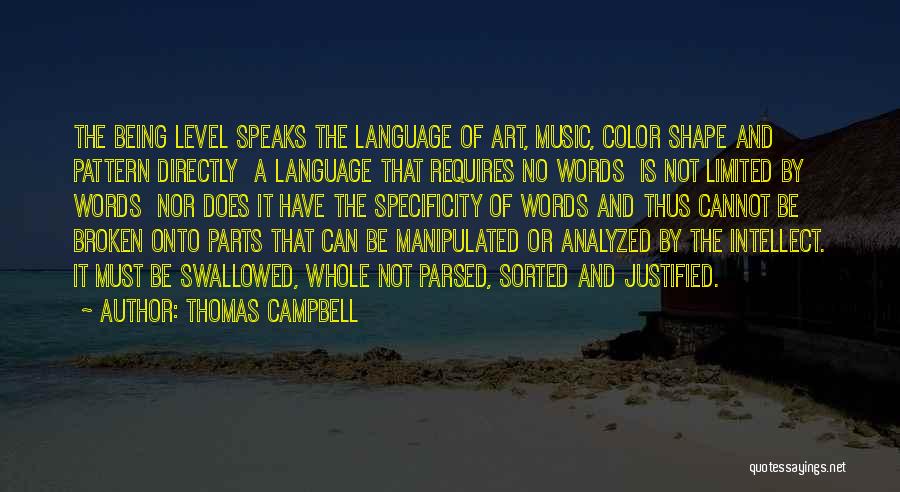 Thomas Campbell Quotes: The Being Level Speaks The Language Of Art, Music, Color Shape And Pattern Directly A Language That Requires No Words