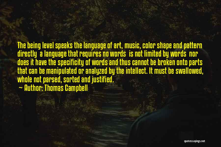 Thomas Campbell Quotes: The Being Level Speaks The Language Of Art, Music, Color Shape And Pattern Directly A Language That Requires No Words