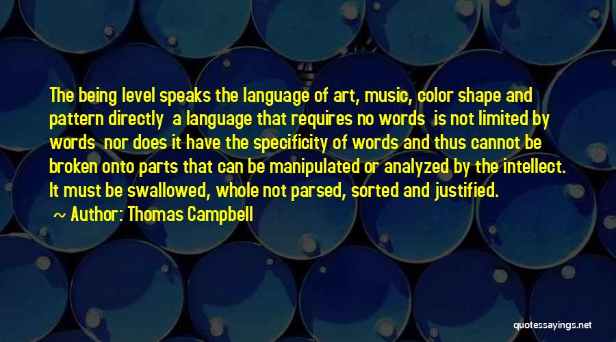 Thomas Campbell Quotes: The Being Level Speaks The Language Of Art, Music, Color Shape And Pattern Directly A Language That Requires No Words