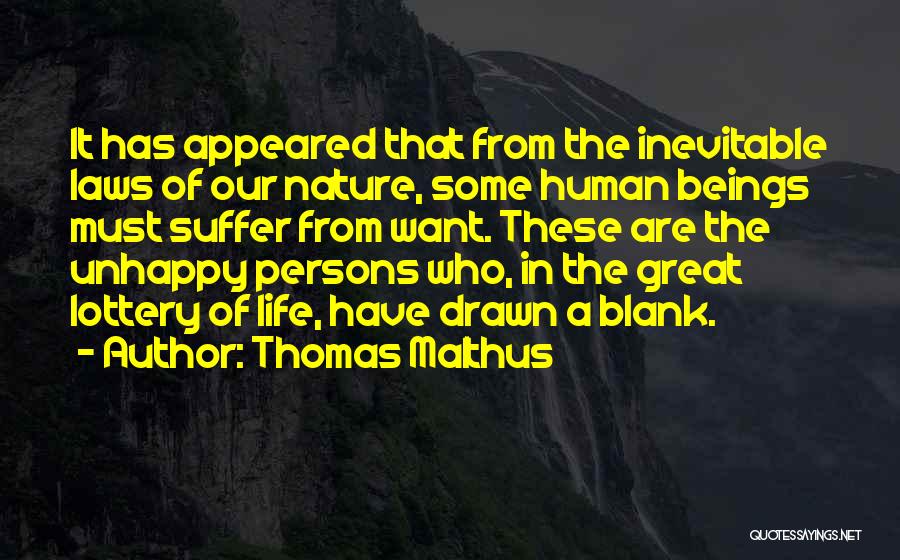 Thomas Malthus Quotes: It Has Appeared That From The Inevitable Laws Of Our Nature, Some Human Beings Must Suffer From Want. These Are