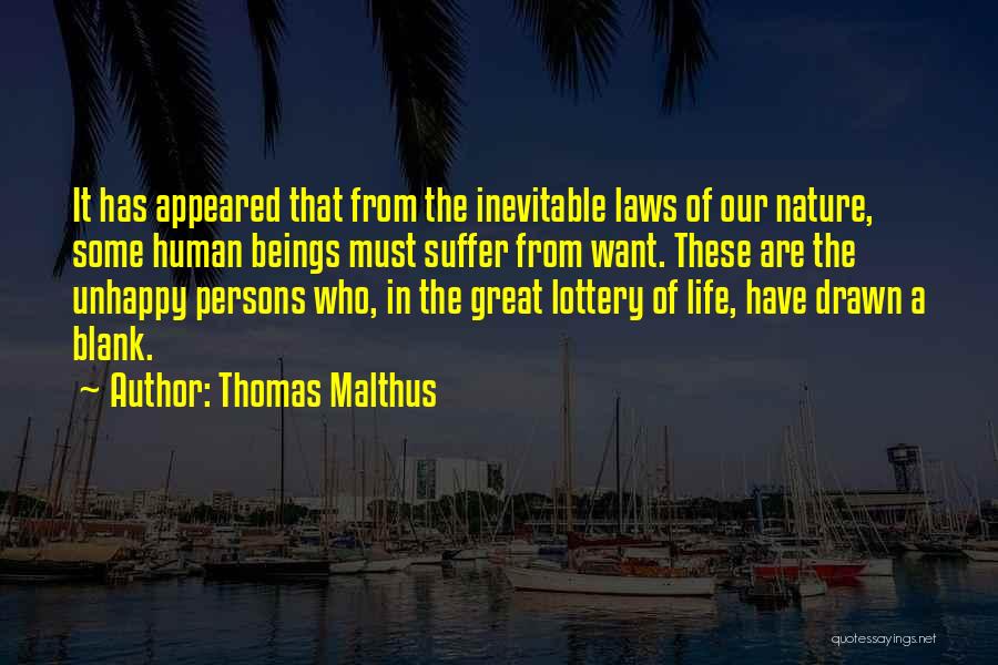 Thomas Malthus Quotes: It Has Appeared That From The Inevitable Laws Of Our Nature, Some Human Beings Must Suffer From Want. These Are