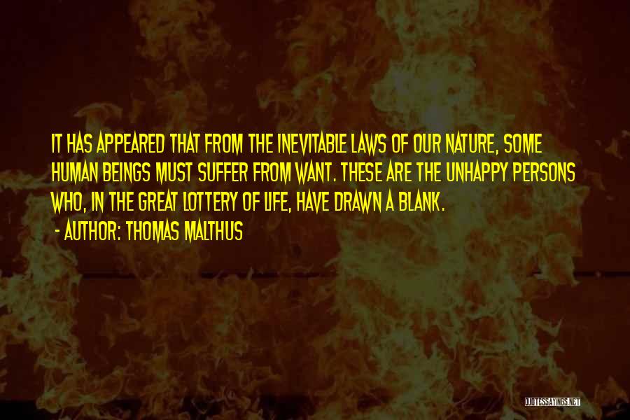 Thomas Malthus Quotes: It Has Appeared That From The Inevitable Laws Of Our Nature, Some Human Beings Must Suffer From Want. These Are