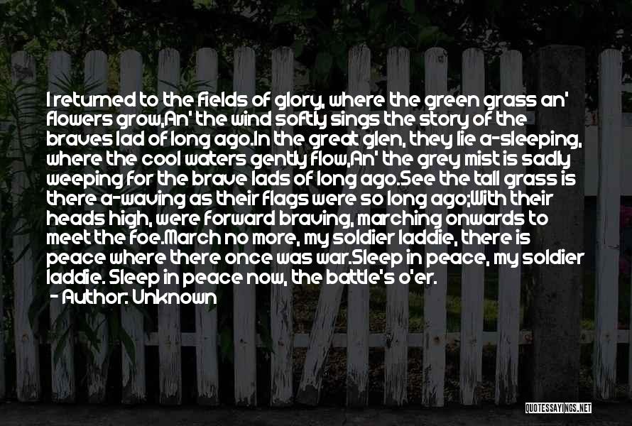 Unknown Quotes: I Returned To The Fields Of Glory, Where The Green Grass An' Flowers Grow,an' The Wind Softly Sings The Story