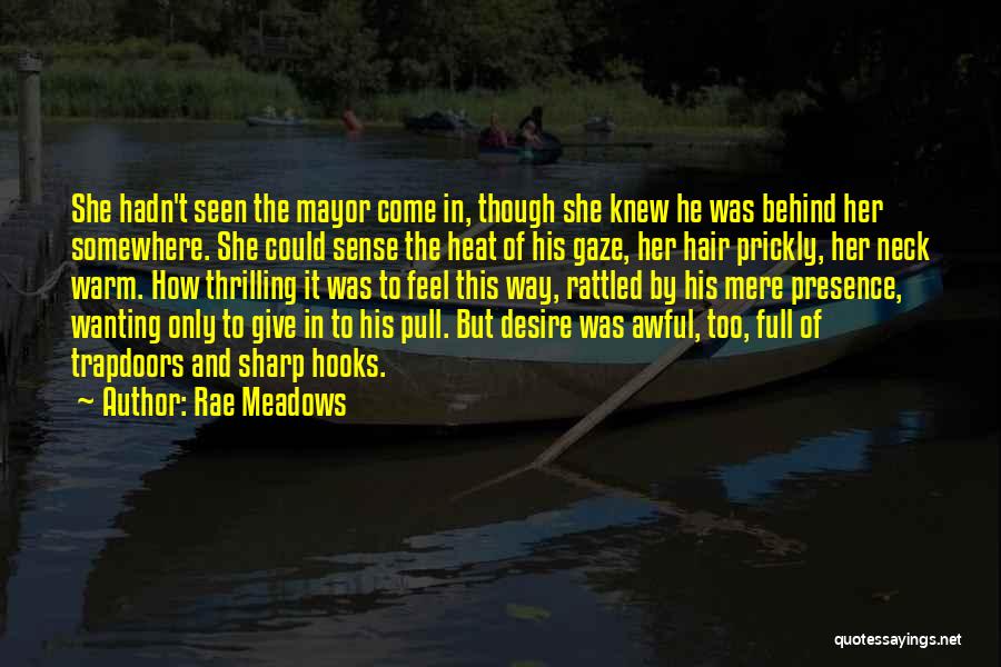 Rae Meadows Quotes: She Hadn't Seen The Mayor Come In, Though She Knew He Was Behind Her Somewhere. She Could Sense The Heat