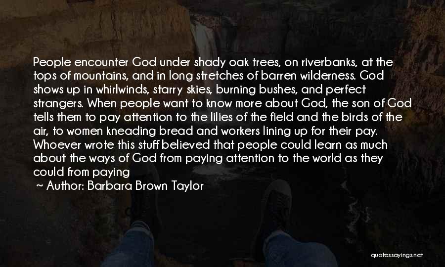 Barbara Brown Taylor Quotes: People Encounter God Under Shady Oak Trees, On Riverbanks, At The Tops Of Mountains, And In Long Stretches Of Barren