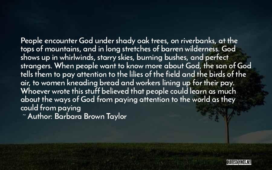 Barbara Brown Taylor Quotes: People Encounter God Under Shady Oak Trees, On Riverbanks, At The Tops Of Mountains, And In Long Stretches Of Barren