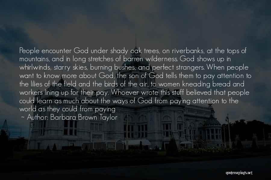 Barbara Brown Taylor Quotes: People Encounter God Under Shady Oak Trees, On Riverbanks, At The Tops Of Mountains, And In Long Stretches Of Barren