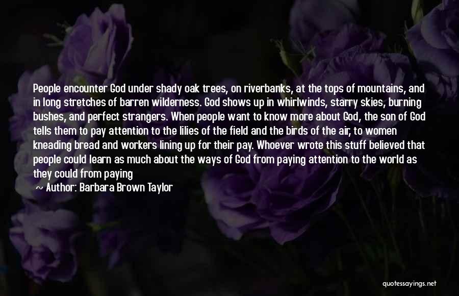 Barbara Brown Taylor Quotes: People Encounter God Under Shady Oak Trees, On Riverbanks, At The Tops Of Mountains, And In Long Stretches Of Barren