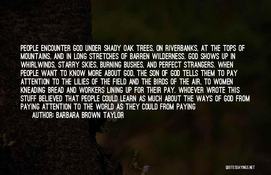 Barbara Brown Taylor Quotes: People Encounter God Under Shady Oak Trees, On Riverbanks, At The Tops Of Mountains, And In Long Stretches Of Barren