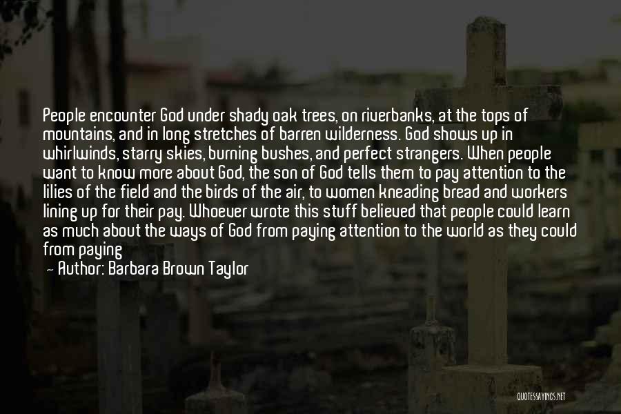 Barbara Brown Taylor Quotes: People Encounter God Under Shady Oak Trees, On Riverbanks, At The Tops Of Mountains, And In Long Stretches Of Barren
