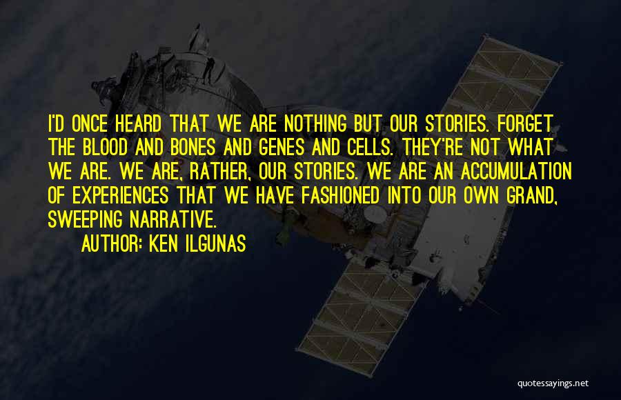 Ken Ilgunas Quotes: I'd Once Heard That We Are Nothing But Our Stories. Forget The Blood And Bones And Genes And Cells. They're