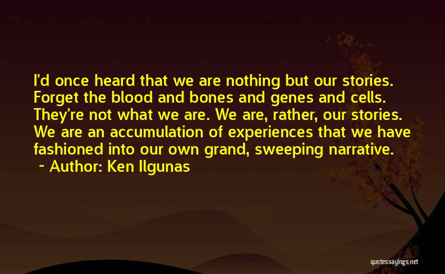 Ken Ilgunas Quotes: I'd Once Heard That We Are Nothing But Our Stories. Forget The Blood And Bones And Genes And Cells. They're