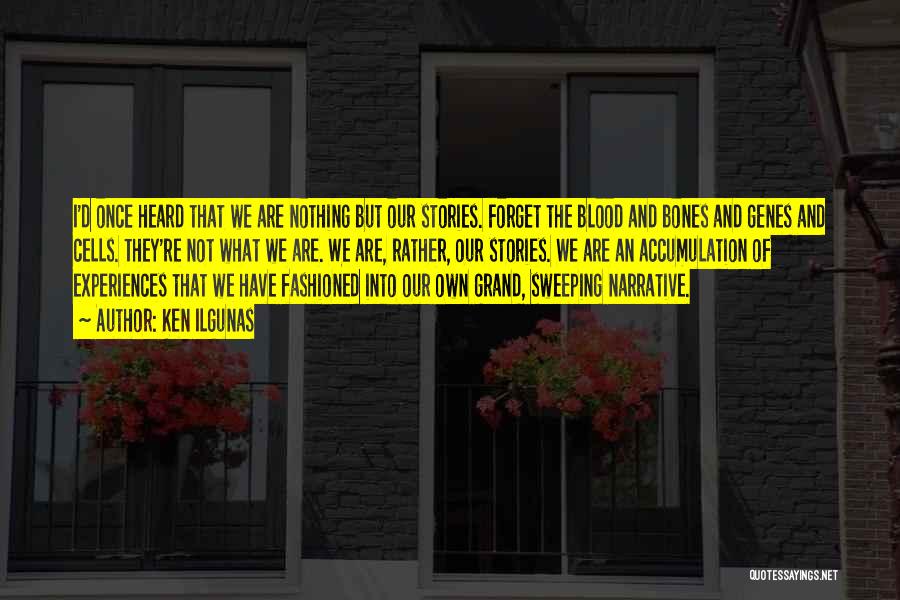 Ken Ilgunas Quotes: I'd Once Heard That We Are Nothing But Our Stories. Forget The Blood And Bones And Genes And Cells. They're