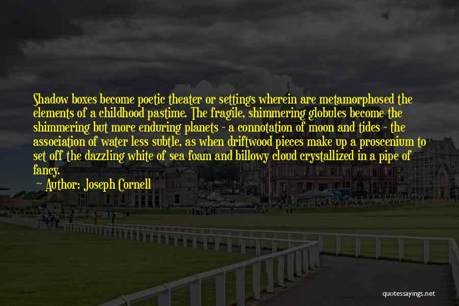 Joseph Cornell Quotes: Shadow Boxes Become Poetic Theater Or Settings Wherein Are Metamorphosed The Elements Of A Childhood Pastime. The Fragile, Shimmering Globules