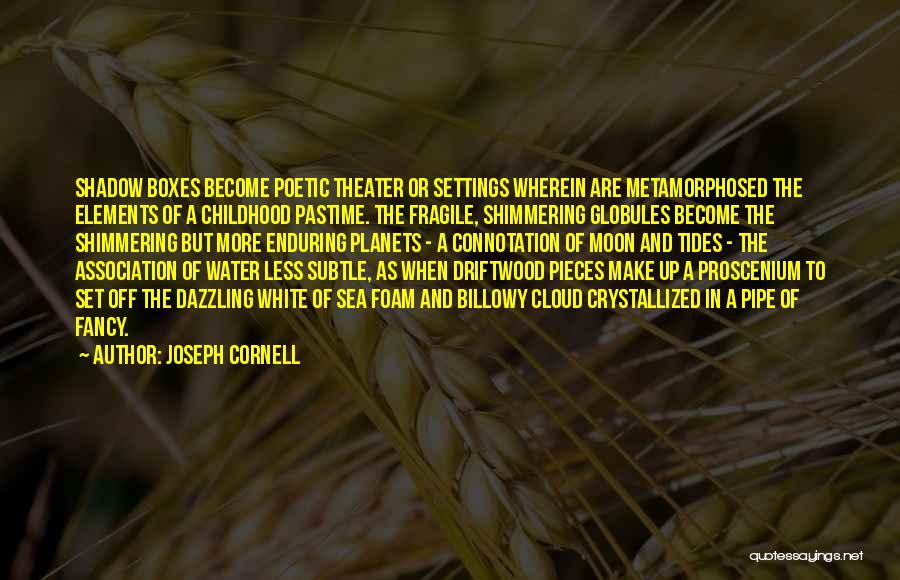 Joseph Cornell Quotes: Shadow Boxes Become Poetic Theater Or Settings Wherein Are Metamorphosed The Elements Of A Childhood Pastime. The Fragile, Shimmering Globules