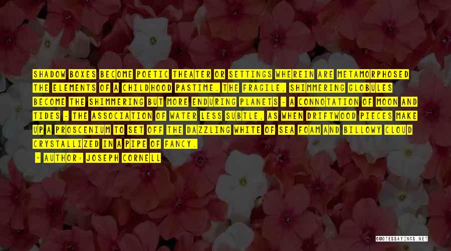Joseph Cornell Quotes: Shadow Boxes Become Poetic Theater Or Settings Wherein Are Metamorphosed The Elements Of A Childhood Pastime. The Fragile, Shimmering Globules
