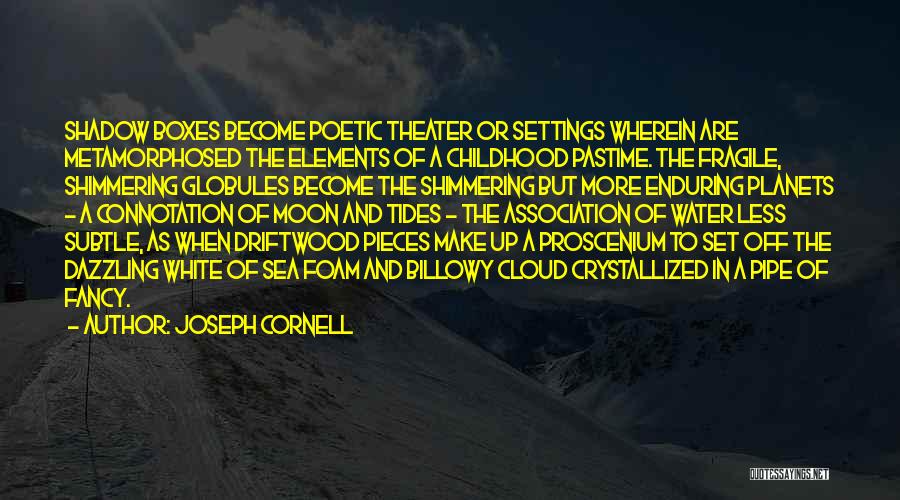 Joseph Cornell Quotes: Shadow Boxes Become Poetic Theater Or Settings Wherein Are Metamorphosed The Elements Of A Childhood Pastime. The Fragile, Shimmering Globules