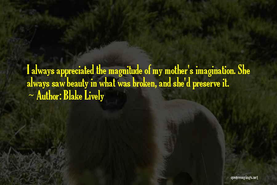 Blake Lively Quotes: I Always Appreciated The Magnitude Of My Mother's Imagination. She Always Saw Beauty In What Was Broken, And She'd Preserve