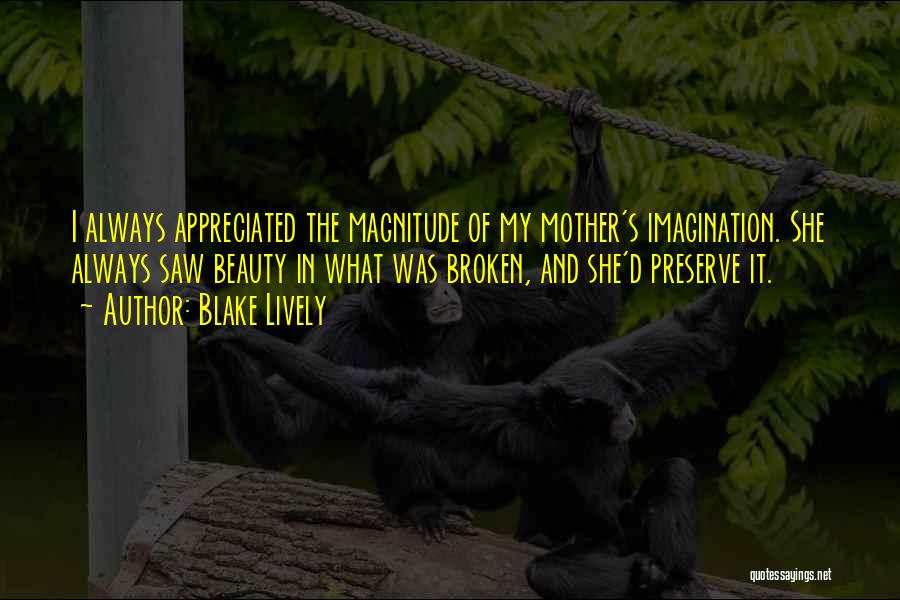 Blake Lively Quotes: I Always Appreciated The Magnitude Of My Mother's Imagination. She Always Saw Beauty In What Was Broken, And She'd Preserve