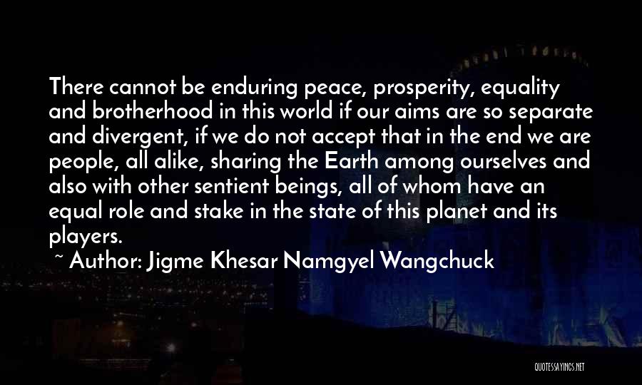 Jigme Khesar Namgyel Wangchuck Quotes: There Cannot Be Enduring Peace, Prosperity, Equality And Brotherhood In This World If Our Aims Are So Separate And Divergent,