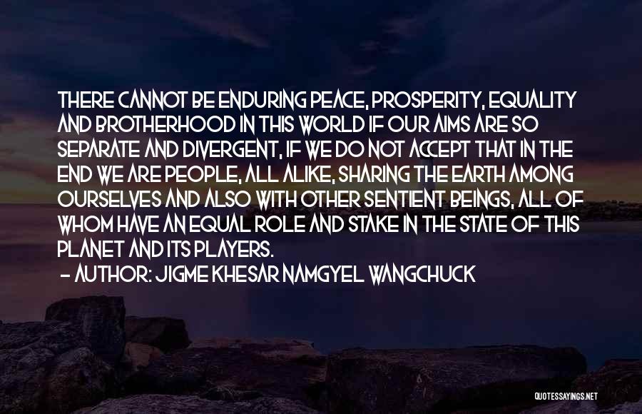 Jigme Khesar Namgyel Wangchuck Quotes: There Cannot Be Enduring Peace, Prosperity, Equality And Brotherhood In This World If Our Aims Are So Separate And Divergent,