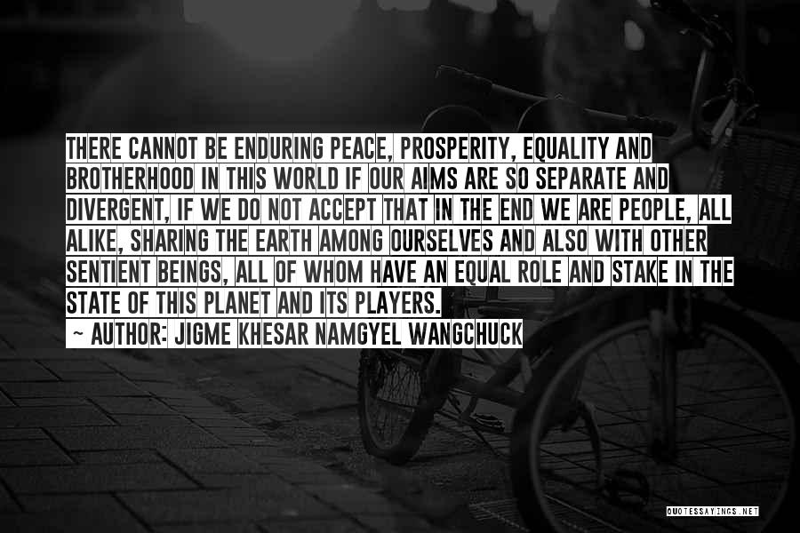 Jigme Khesar Namgyel Wangchuck Quotes: There Cannot Be Enduring Peace, Prosperity, Equality And Brotherhood In This World If Our Aims Are So Separate And Divergent,