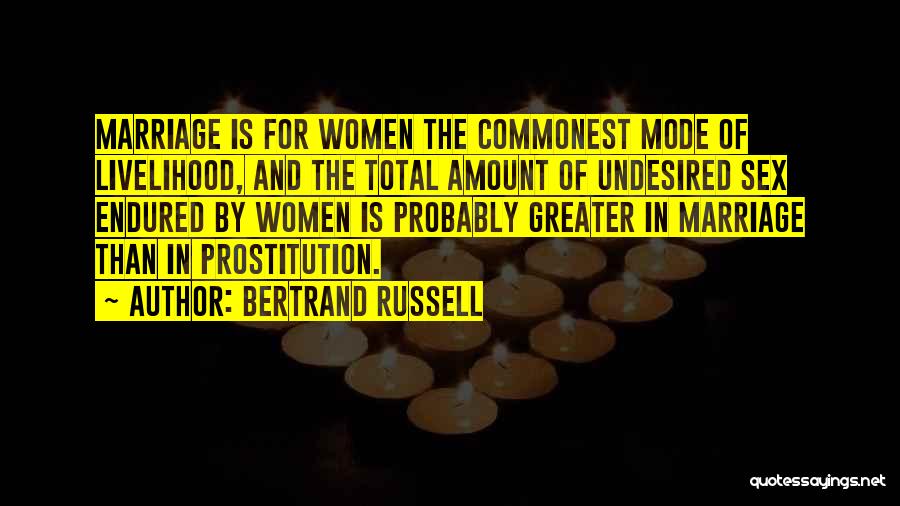 Bertrand Russell Quotes: Marriage Is For Women The Commonest Mode Of Livelihood, And The Total Amount Of Undesired Sex Endured By Women Is