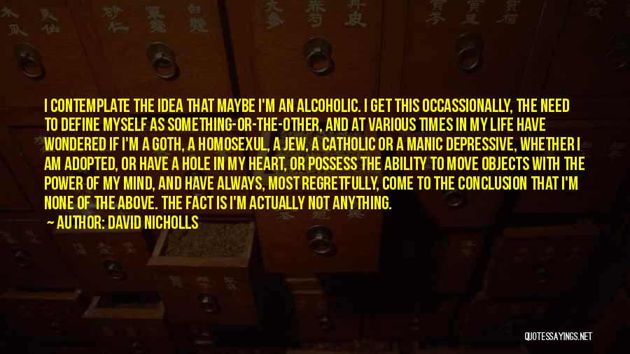 David Nicholls Quotes: I Contemplate The Idea That Maybe I'm An Alcoholic. I Get This Occassionally, The Need To Define Myself As Something-or-the-other,