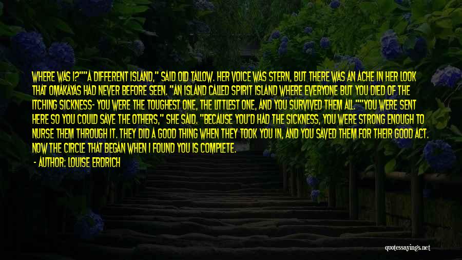 Louise Erdrich Quotes: Where Was I?a Different Island, Said Old Tallow. Her Voice Was Stern, But There Was An Ache In Her Look
