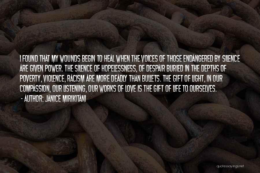 Janice Mirikitani Quotes: I Found That My Wounds Begin To Heal When The Voices Of Those Endangered By Silence Are Given Power. The