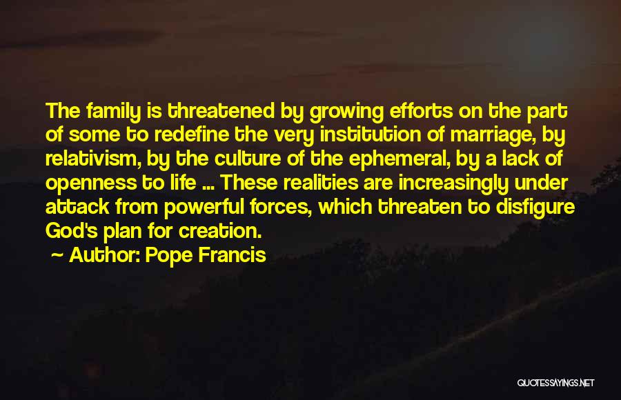 Pope Francis Quotes: The Family Is Threatened By Growing Efforts On The Part Of Some To Redefine The Very Institution Of Marriage, By