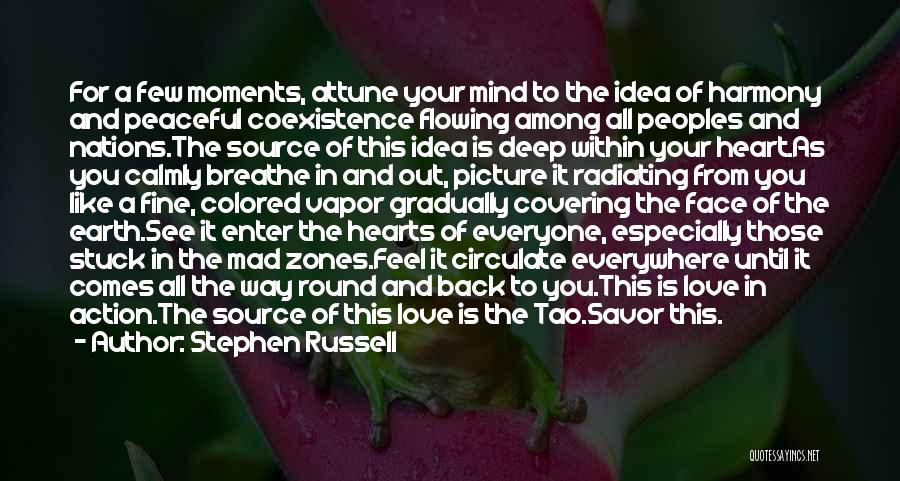Stephen Russell Quotes: For A Few Moments, Attune Your Mind To The Idea Of Harmony And Peaceful Coexistence Flowing Among All Peoples And