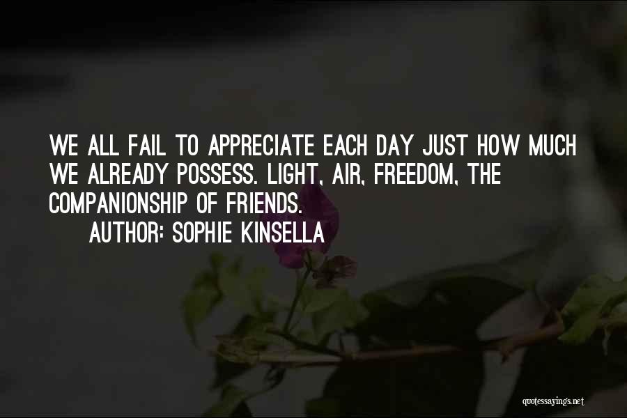 Sophie Kinsella Quotes: We All Fail To Appreciate Each Day Just How Much We Already Possess. Light, Air, Freedom, The Companionship Of Friends.