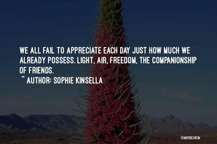 Sophie Kinsella Quotes: We All Fail To Appreciate Each Day Just How Much We Already Possess. Light, Air, Freedom, The Companionship Of Friends.