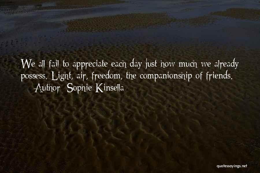 Sophie Kinsella Quotes: We All Fail To Appreciate Each Day Just How Much We Already Possess. Light, Air, Freedom, The Companionship Of Friends.